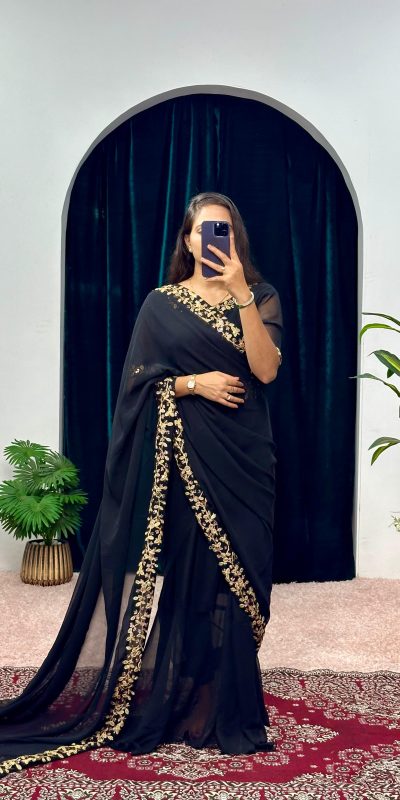 Exotic Black Color Faux Georgette Embroidery Work Border Stitched Saree-Gown