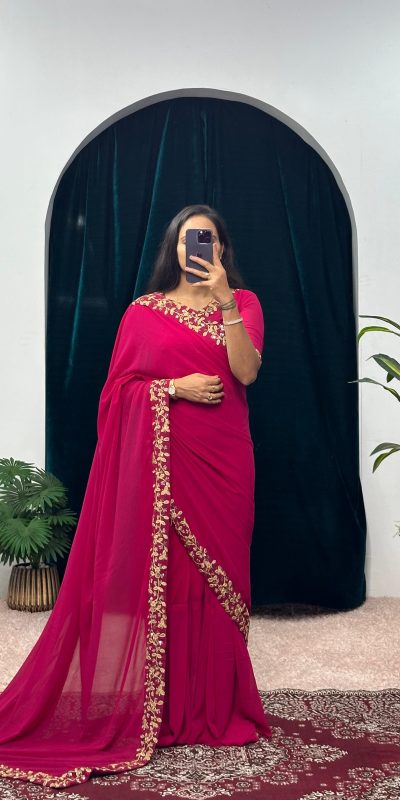 Exotic Pink Color Faux Georgette Embroidery Work Border Stitched Saree-Gown