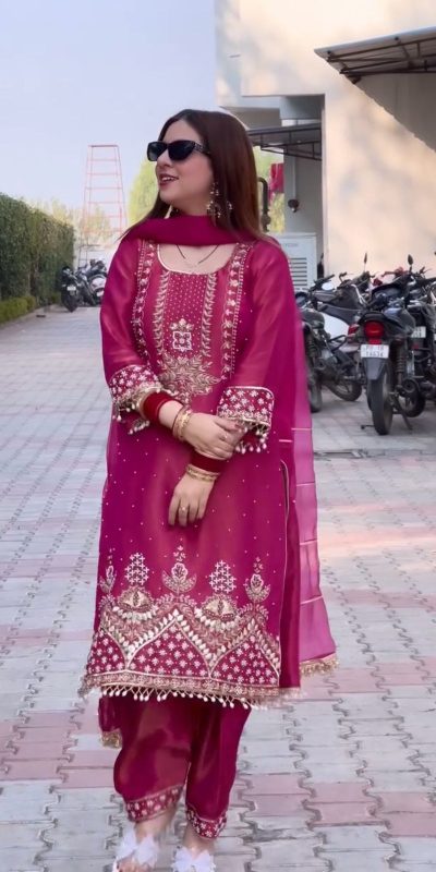 Red Roman Shimmer Silk Embroidery Sequences Work Peral Moti Salwar Suit