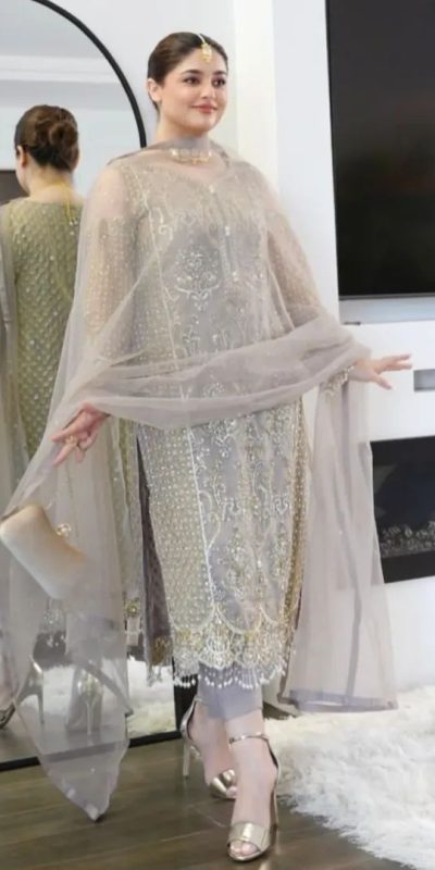Cream Soft Net Embroidery Sequences Dimond Work Fancy Lass Salwar Suit