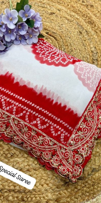 White Georgette Codding Sequence Cutwork Lace Border Saree