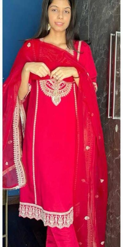 Red Chinnon Cording Sequences Embroidery Work Salwar Suit