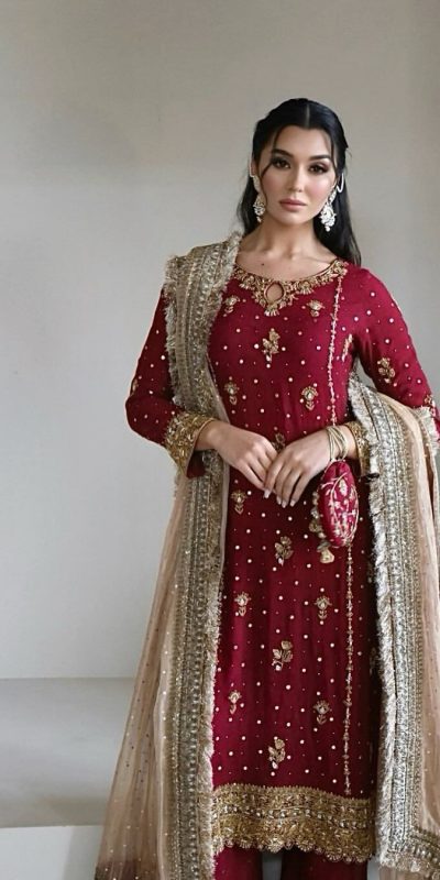 Red Faux Georgette Sequence Handmade Moti Work Salwar Suit