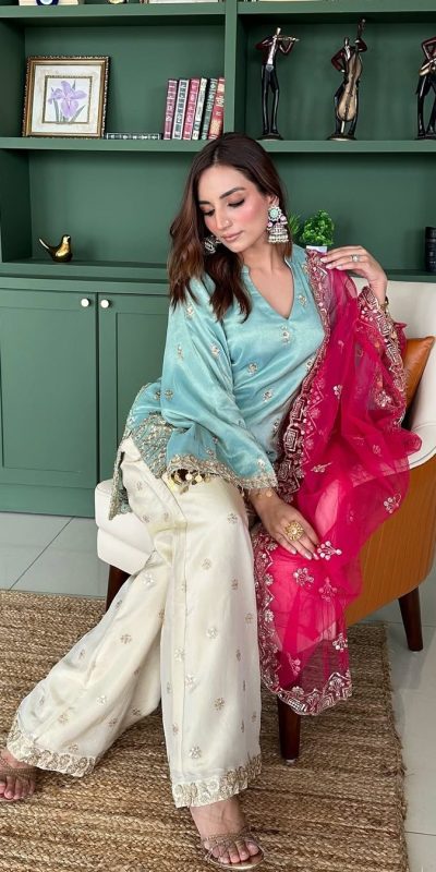 Sky Blue French Crepe Embroidery Sequins Work Salwar Suit