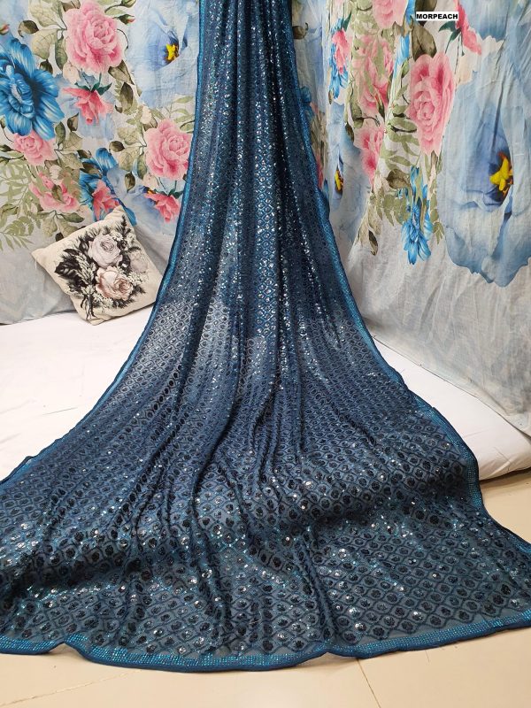 Dark Blue Georgette Dual Sequins Embroidery Sequins Work Saree - Image 2
