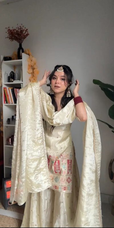 White Chinnon Silk Embroidery Work Salwar Suit