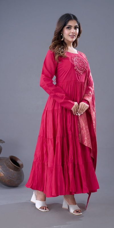 Pink Roman Silk Embroidery Sequence Work Anarkali Gown