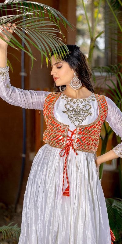 Magical White Color Chinon Laheriya Print Gotta Patti Cording Work Anarkali Gown