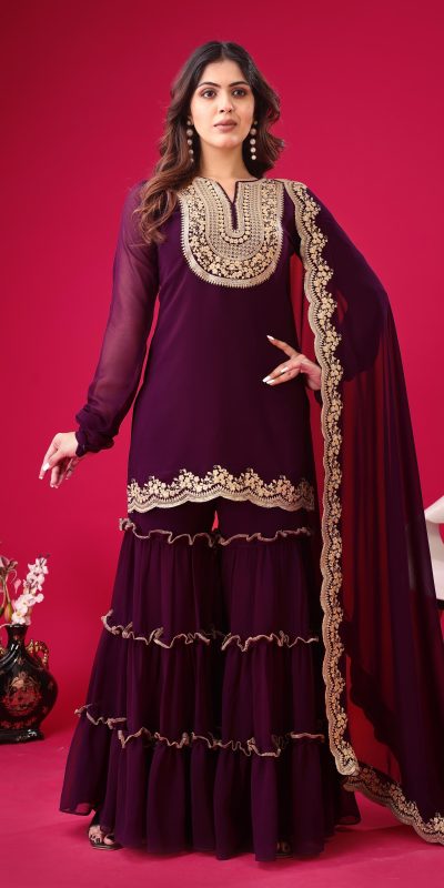 Magical Wine Color Faux Georgette With Heavy Embroidery Sequence Work Salwar Suit
