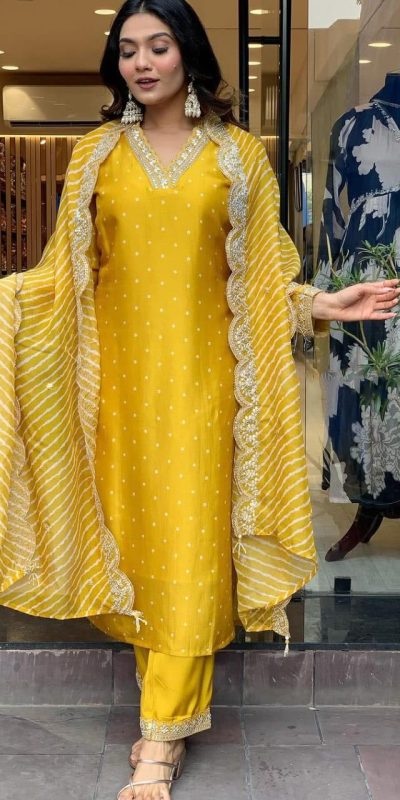 Yellow Chinon Silk Wide Digital Print Coding Work Lace Salwar Suit