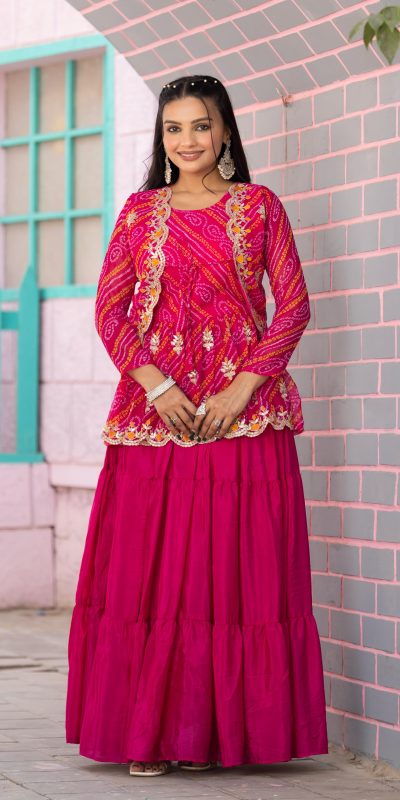 Nice Pink Color Bandhej Embroidery Thared Work Lehenga Crop Top & Jacket