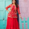 Red Bandhej Embroidery Thread Work Lehenga Crop Top & Jacket