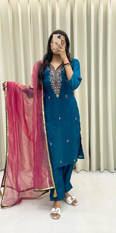 Peacock Blue Silk Hand Work Salwar Suit