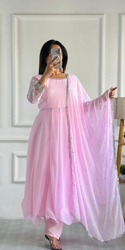 Pretty Baby Pink Color Foix Georgette With Embroidery Work Anarkali Gown