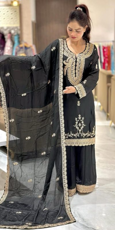 Pretty Black Color Faux Georgette With Embroidery Sequence Work Salwar Suit