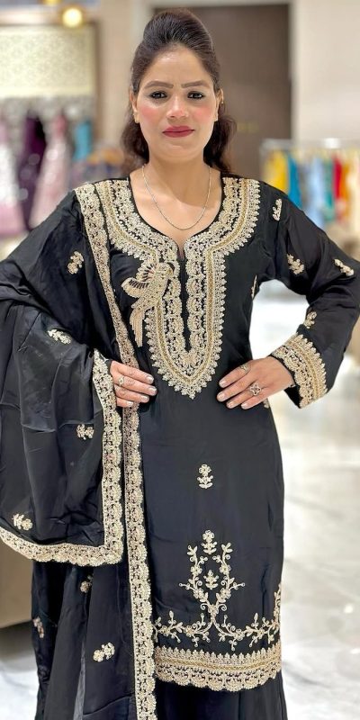 Pretty Black Color Faux Georgette With Embroidery Sequence Work Salwar Suit