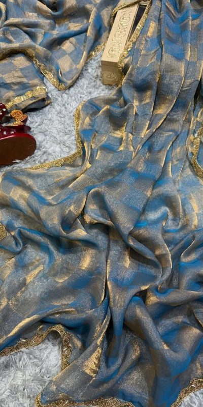 Blue Chiffon Pattern Hand Work Lace Saree