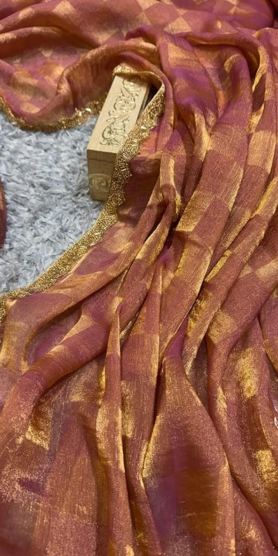 Peach Chiffon Pattern Hand Work Lace Saree