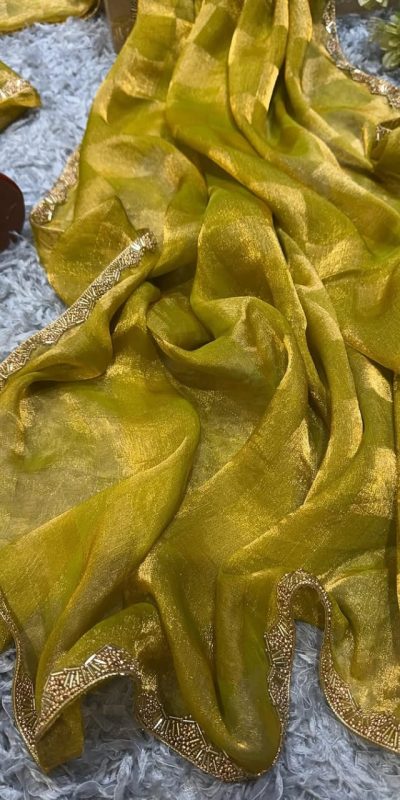 Yellow Chiffon Pattern Hand Work Lace Saree