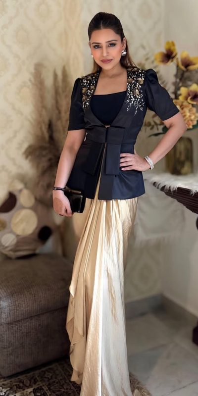 Black Cream French Crape Sequence Embroidery Dhoti Suit