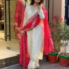 Stylist Half White Color Roman Silk With Red Dupatta Coding Work Salwar Suit
