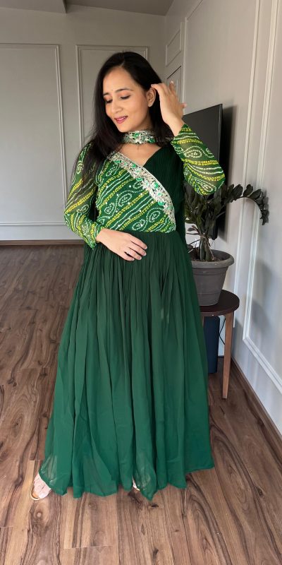 Green Bandhej Fox Georgette Sequence Embroidery Work Anarkali Gown