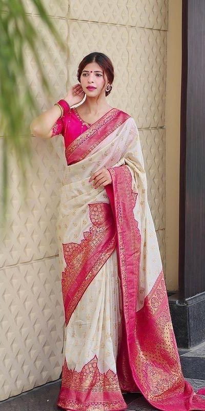 Superb Half White Color Soft Lichi Silk Jacquard Work On All Over Saree