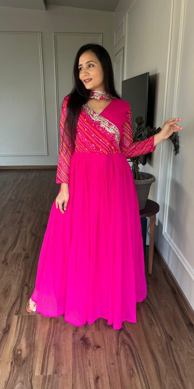Pink Bandhej Fox Georgette Sequence Embroidery Work Anarkali Gown