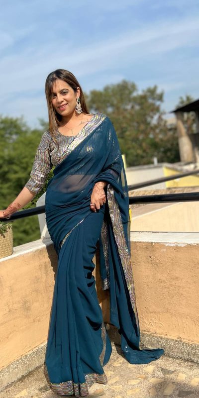 Wonderful Peacock Blue Color Georgette Sequence Work Lace With Peiping Saree