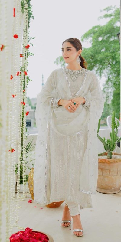 White Faux Georgette Embroidery Sequence Work Salwar Suit