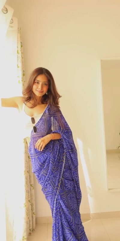 Aglow Blue Color Soft Georgette Silk Bandhani Design Saree