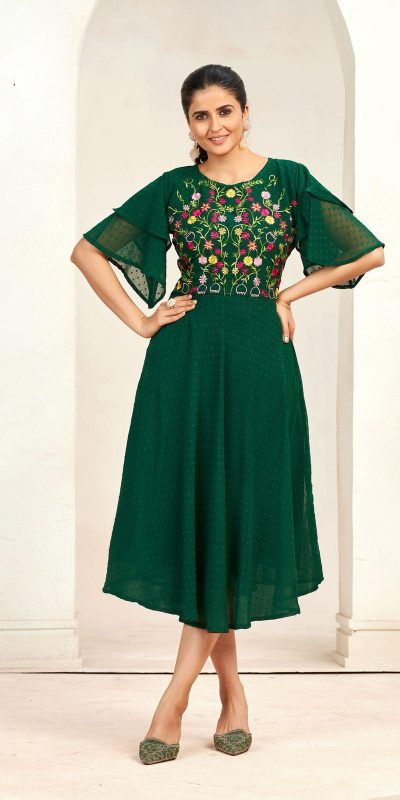 Aglow Green Color Georgette Butti Embroidery Thread Work Gown