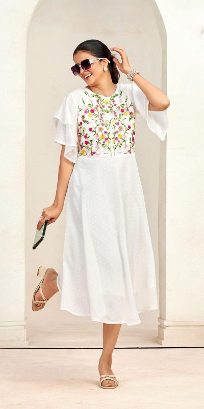 Aglow White Color Georgette Butti Embroidery Thread Work Gown