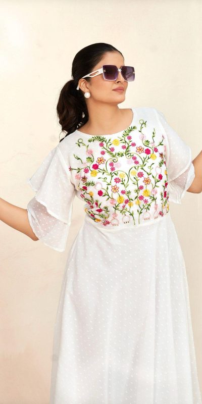 Aglow White Color Georgette Butti Embroidery Thread Work Gown