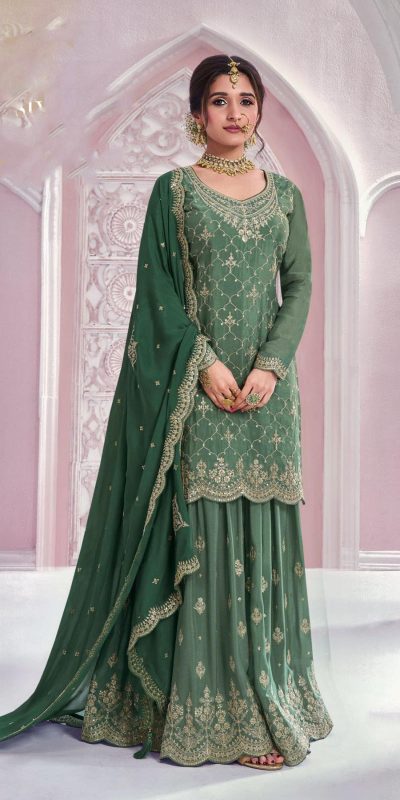 Amazing Green Color Chinon Multi Coding Work Salwar Suit