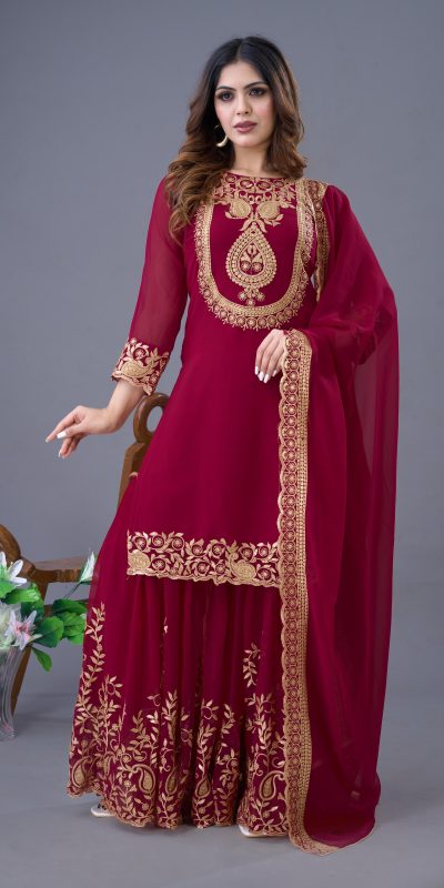 Amazing Red Color Faux Georgette Embroidery Sequence Work Salwar Suit