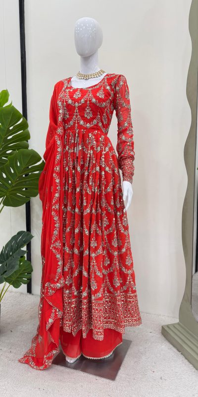 Amazing Red Color Georgette Thread Sequence Work Salwar Suit