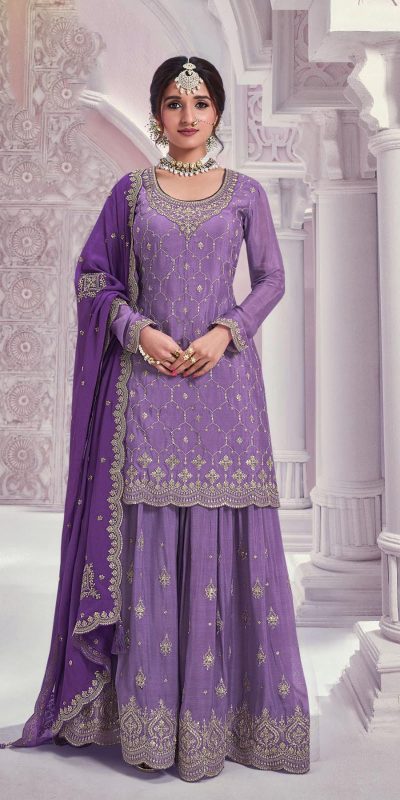 Amazing Violet Color Chinon Multi Coding Work Salwar Suit