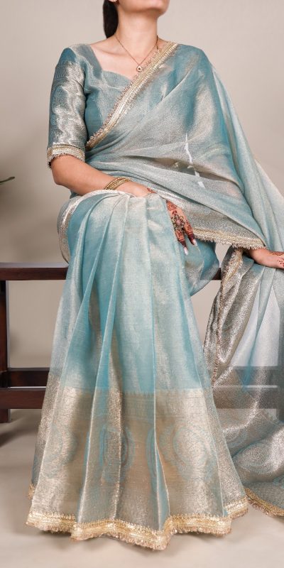 Attractive Blue Color Tissue Shimmer Zari Weaving Work Saree