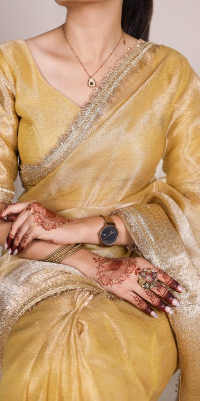Attractive Gold Color Tissue Shimmer Zari Weaving Work Saree