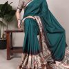 Attractive Peacock Blue Color Tussar Silk With Viscose Border Printed Saree