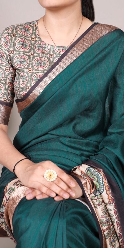 Attractive Peacock Blue Color Tussar Silk With Viscose Border Printed Saree