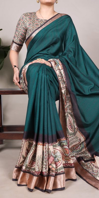 Attractive Peacock Blue Color Tussar Silk With Viscose Border Printed Saree