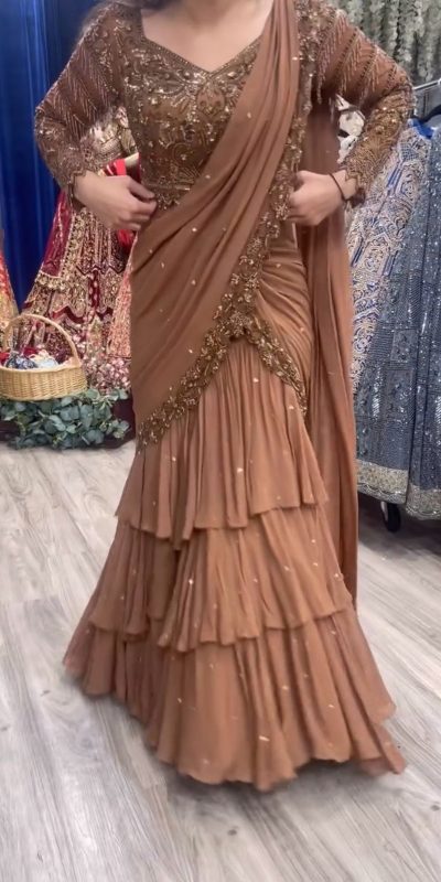 Awesome Light Brown Color Georgette Thread With Sequence Lehenga Choli