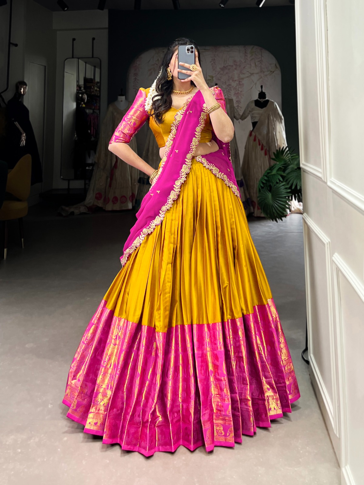 Mustard Narayan Pattu Zari Weaving Work Lehenga Choli - Image 4