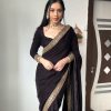 Beautiful Black Color Pure 9000 Velvet With Embroidery Lace Border Saree