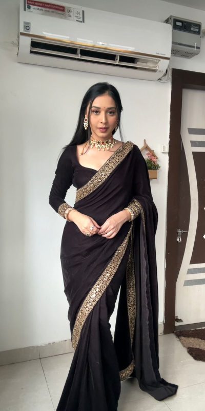 Beautiful Black Color Pure 9000 Velvet With Embroidery Lace Border Saree