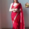 Beautiful Red Color Pure 9000 Velvet With Embroidery Lace Border Saree
