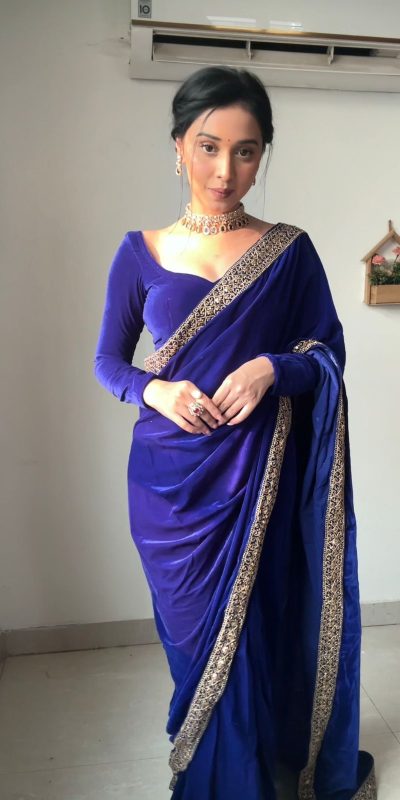 Beautiful Royal Blue Color Pure 9000 Velvet With Embroidery Lace Border Saree