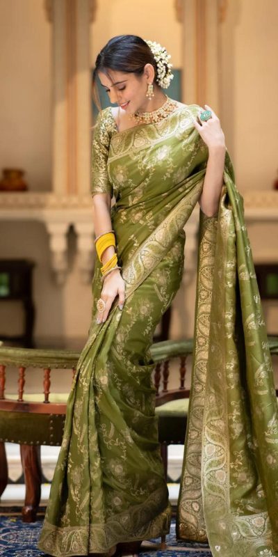 Bright Mehandi Color Soft Litchi Silk All Over Weaving Saree